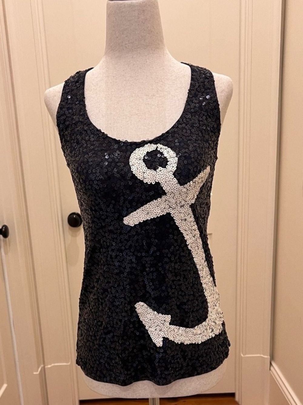 J. Crew Navy Blue and White Sequined Anchor Tank Nautical  xxs